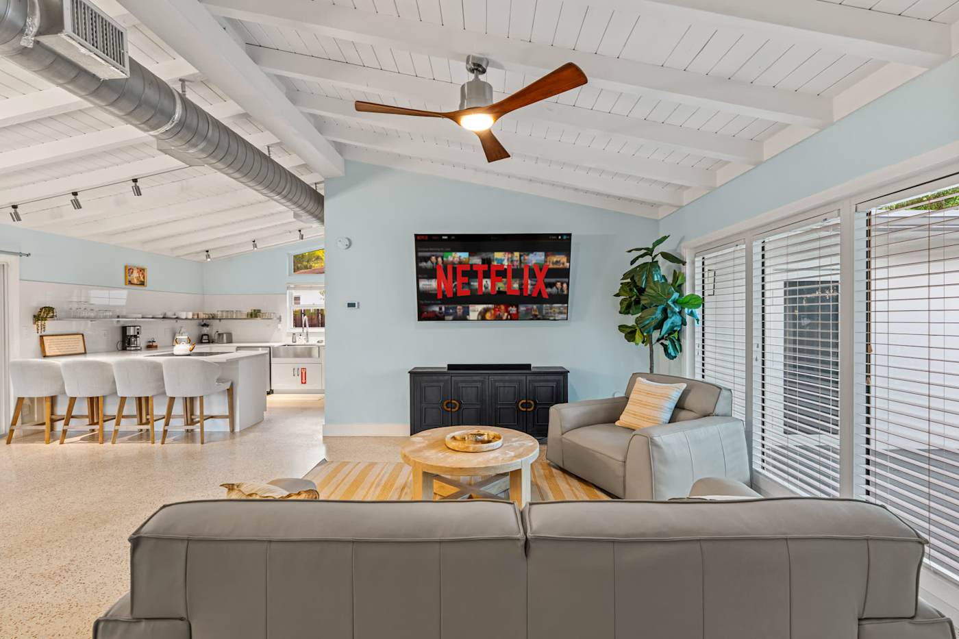 Canal House: Living room with sofa and smart TV, looking to the kitchen