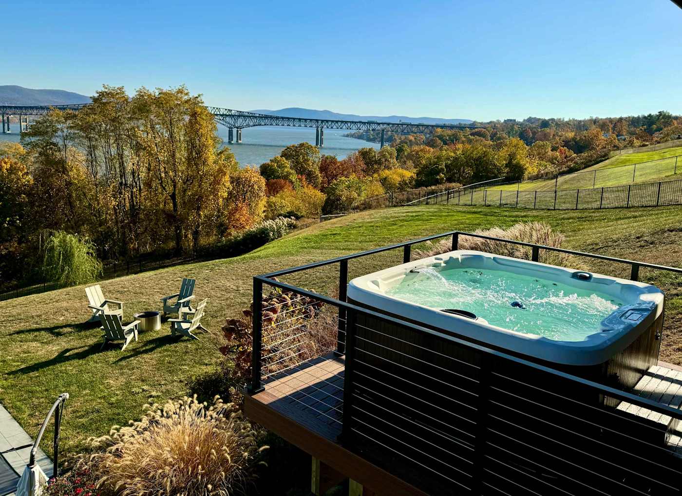 Hudson House: Hot tub on the lower deck above the lawn and fire pit