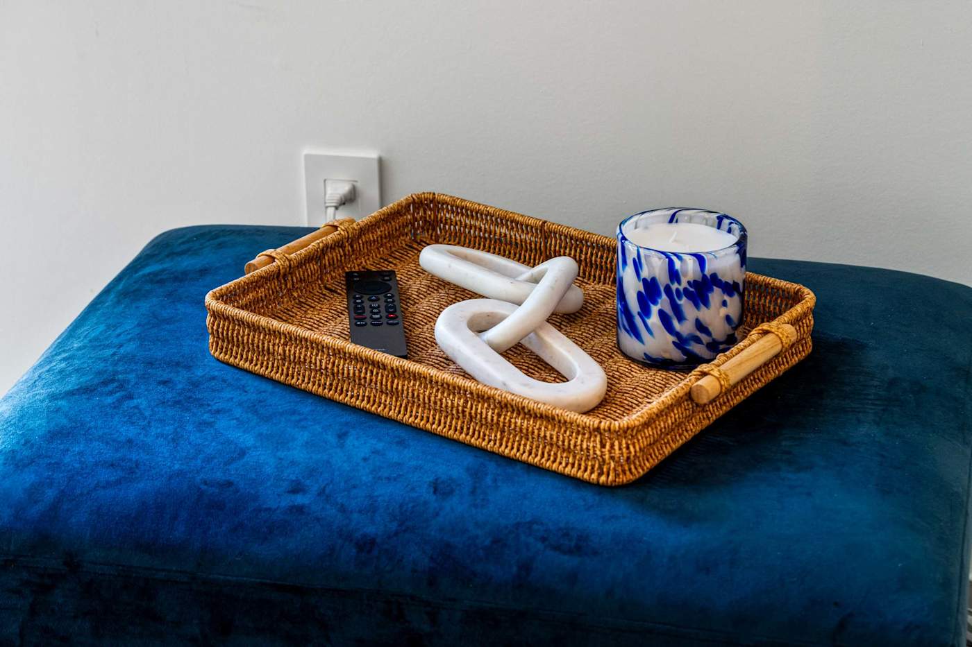 Mangrove Manor: Velvet ottoman with a tray for remotes and drinks