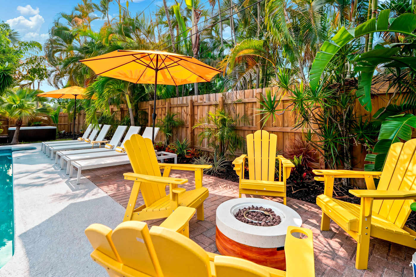 Mangrove Manor: Gas fire pit with Adirondack chairs, beside the heated pool