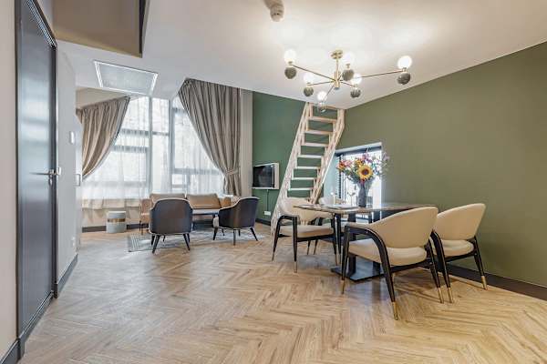 Living and dining area of two-bedroom apartment for rent in Amsterdam, sleeps four