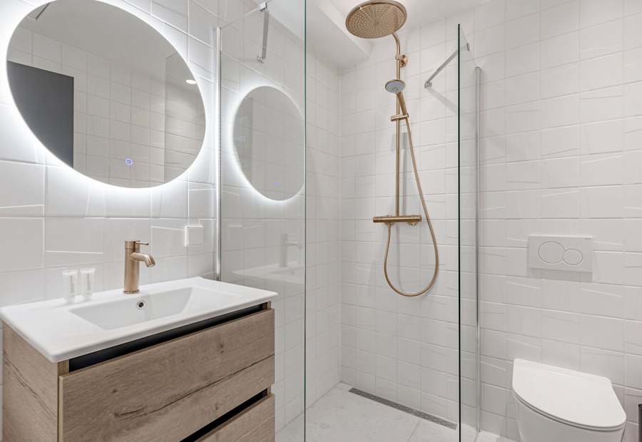 Modern bathroom with walk-in waterfall shower in Amsterdam studio apartment