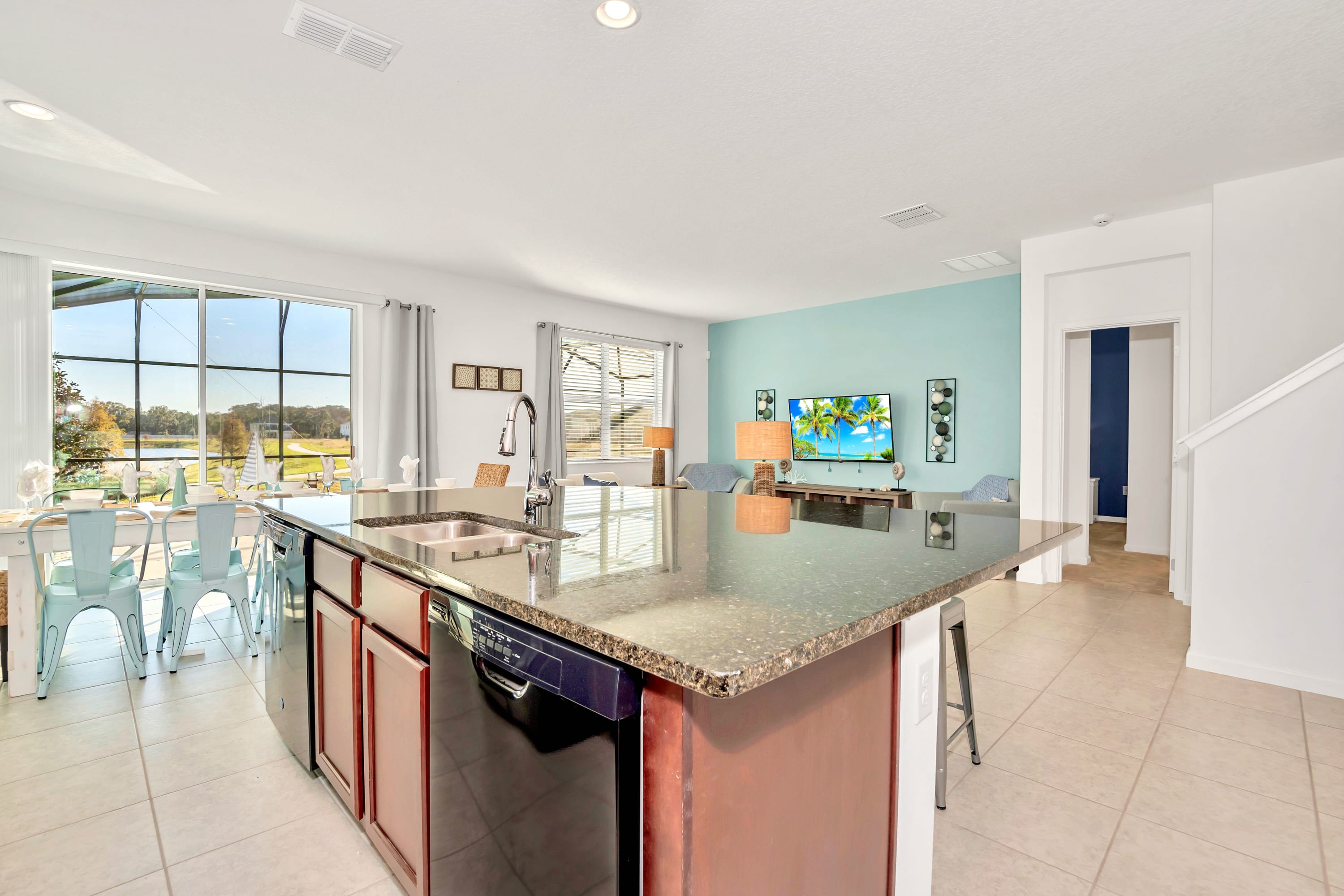A spacious kitchen layout featuring generous prep space and modern appliances