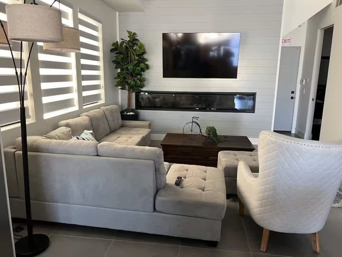 Family Room with Fireplace and 65 inch Smart Samsung Tv