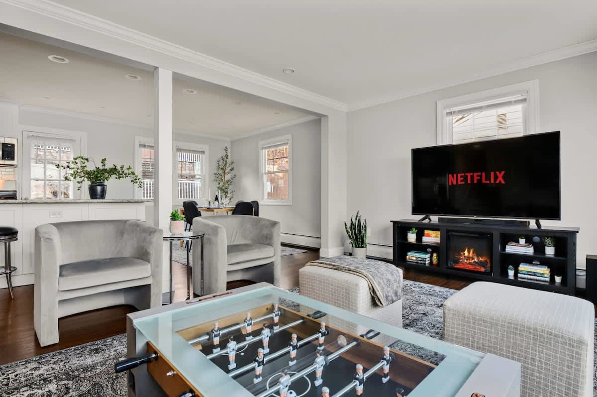 Foosball table and fireplace