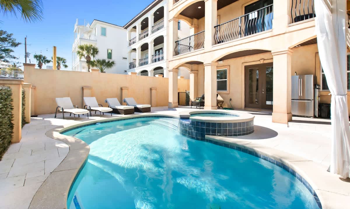 Exterior: Private pool, 250-gallon hot tub, gas grill 