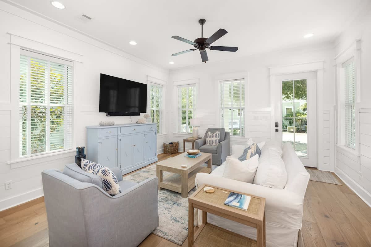 Living room: Main floor, 75" Samsung Smart TV, Samsung soundbar, DVD player, ceiling fan