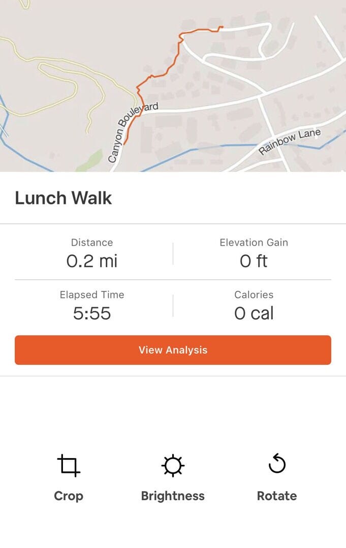 Strava data from my walk with my kids. This is the red trail on the walk to Canyon in the previous picture. This is all down hill hence the no elevation gain.