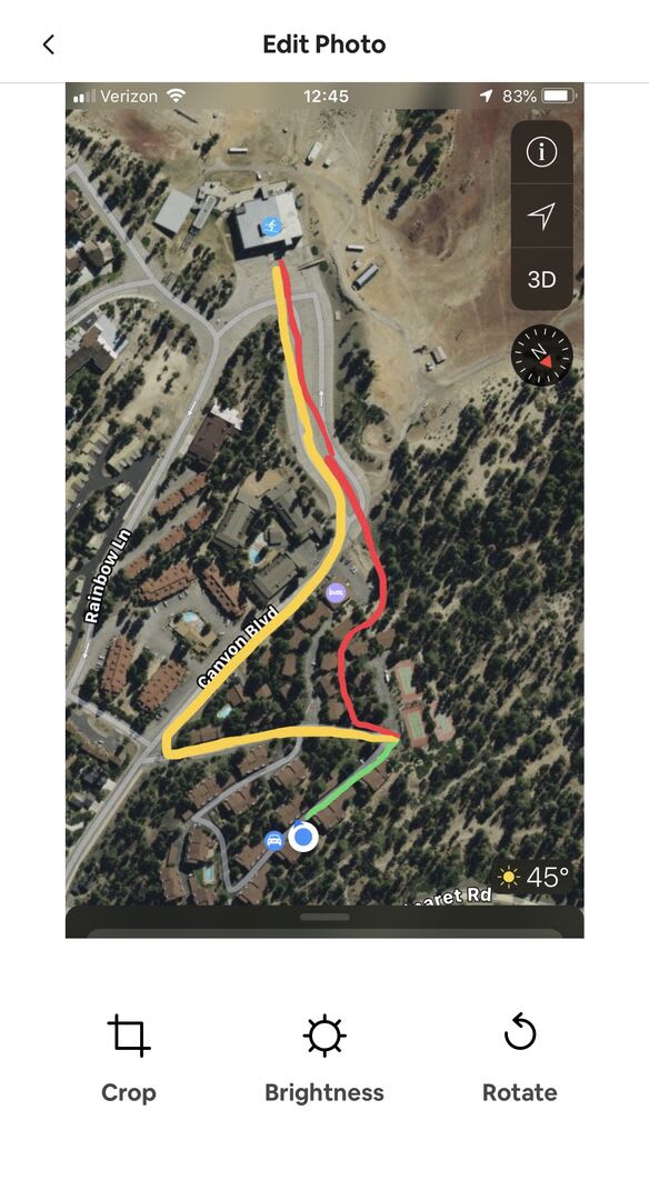 Walk to Canyon Lodge. Red is more difficult and the way I go. Yellow is easier and down the drive way and up the road. It is 0.5 miles. The red trail takes around 6 mins for me usually with my two kids. The yellow trail takes just under 10 minutes.