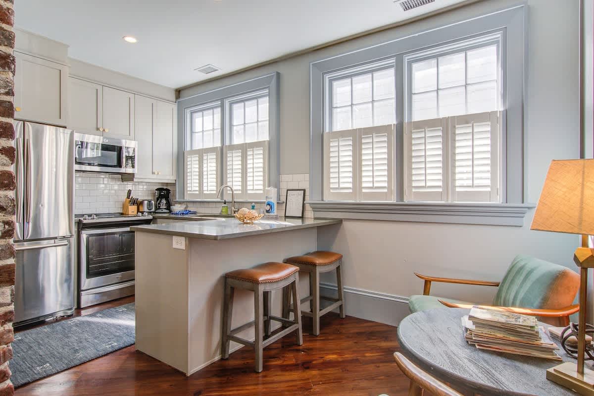 Fully equipped kitchen with everything you need to cook a meal with seating for two on the island