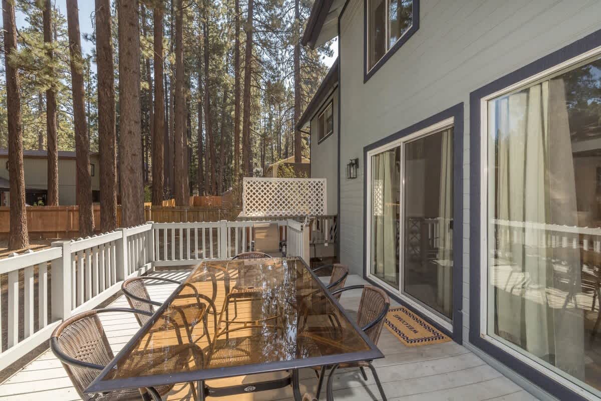 Outdoor seating under the majestic pines.