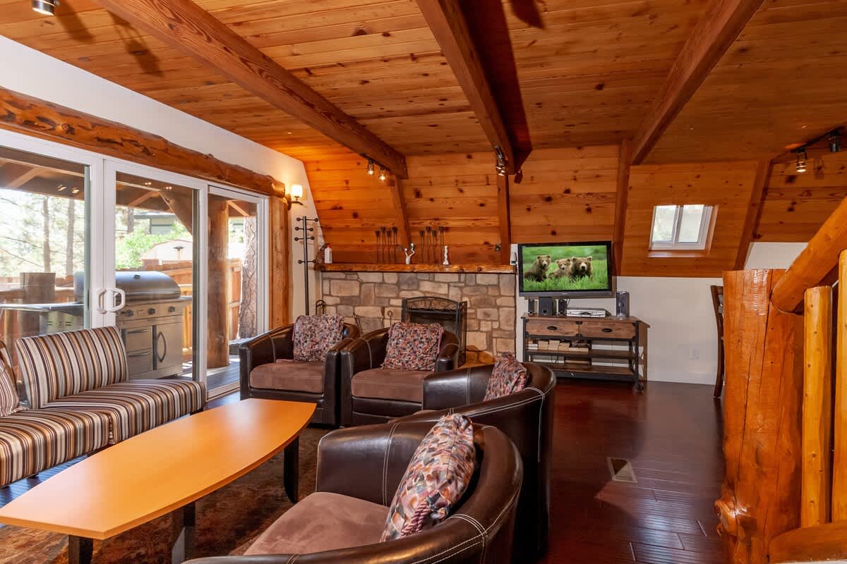 Living room with stone fireplace and Smart TV