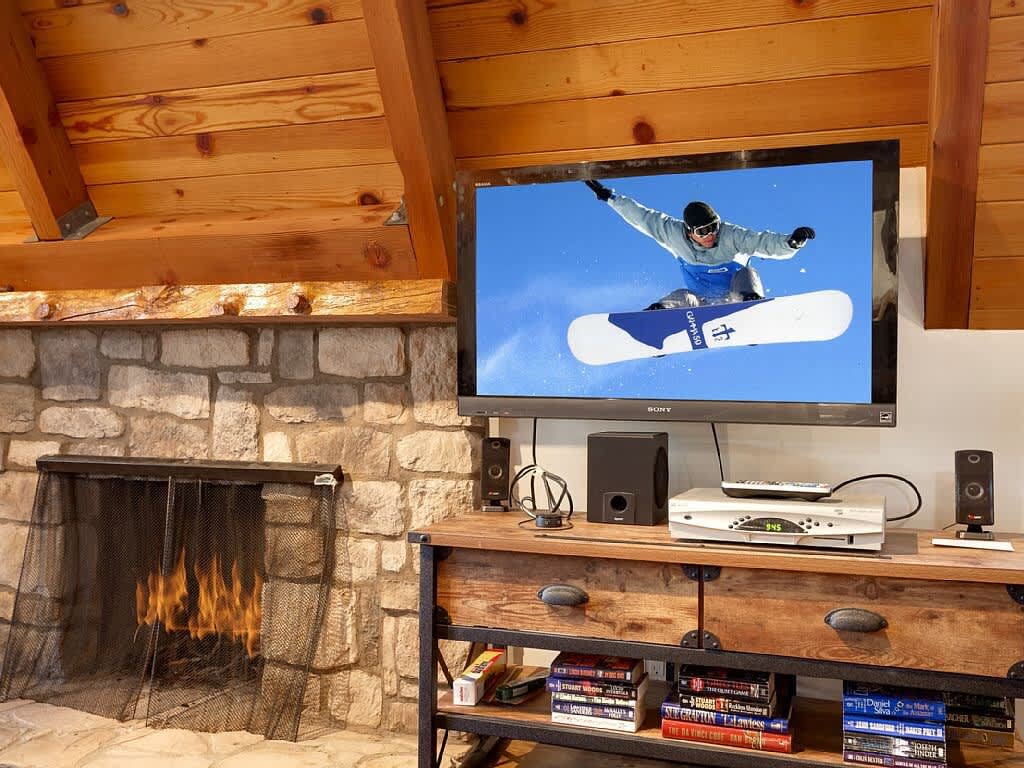 Wood-burning stone fireplace