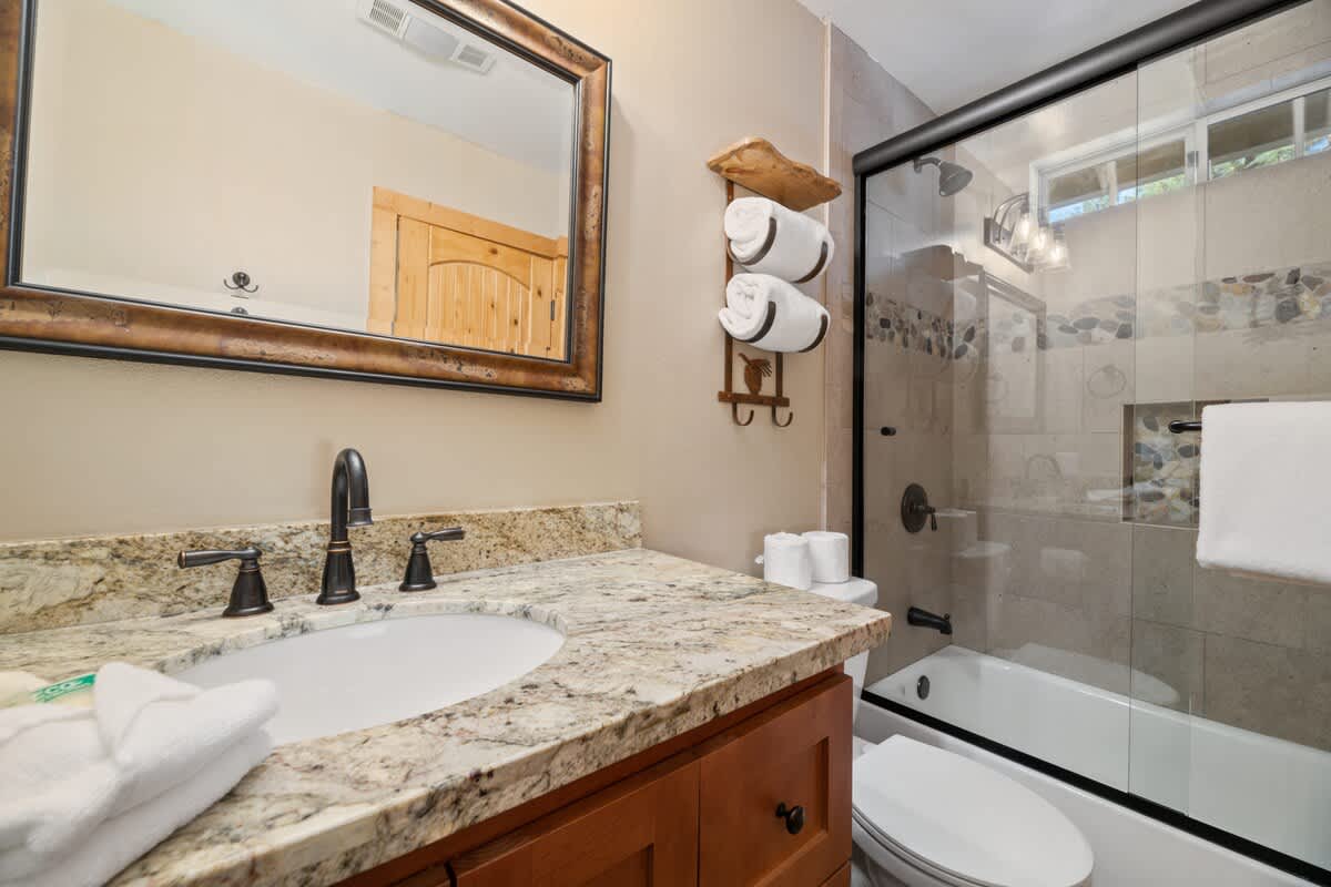 Downstairs bathroom with tub and shower