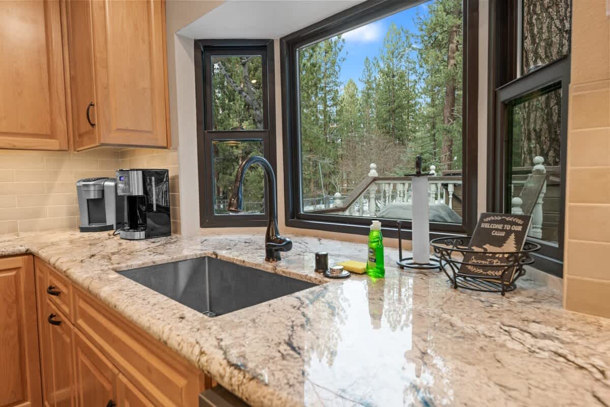 Kitchen sink with forest views