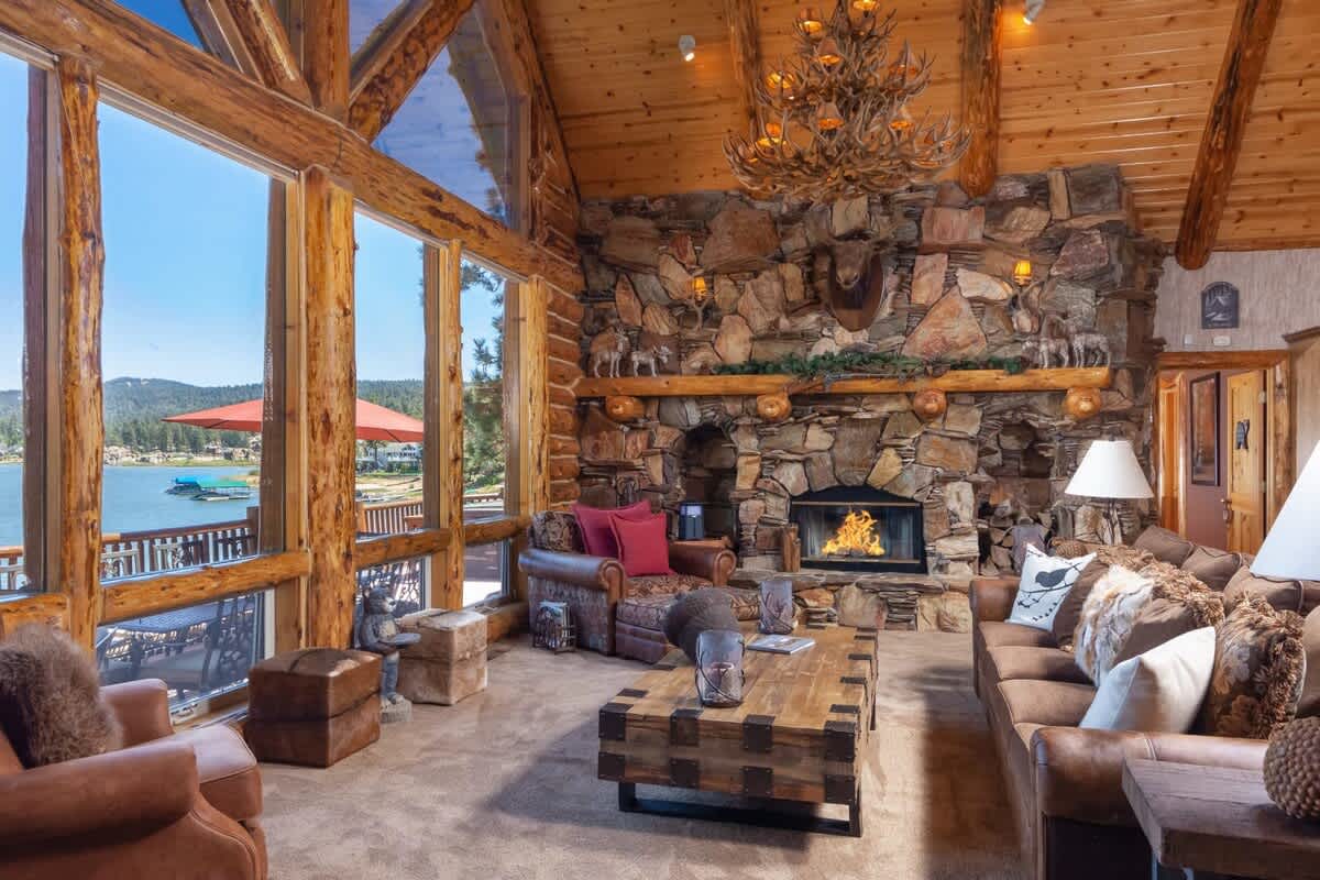 Great room with wood-burning stone fireplace