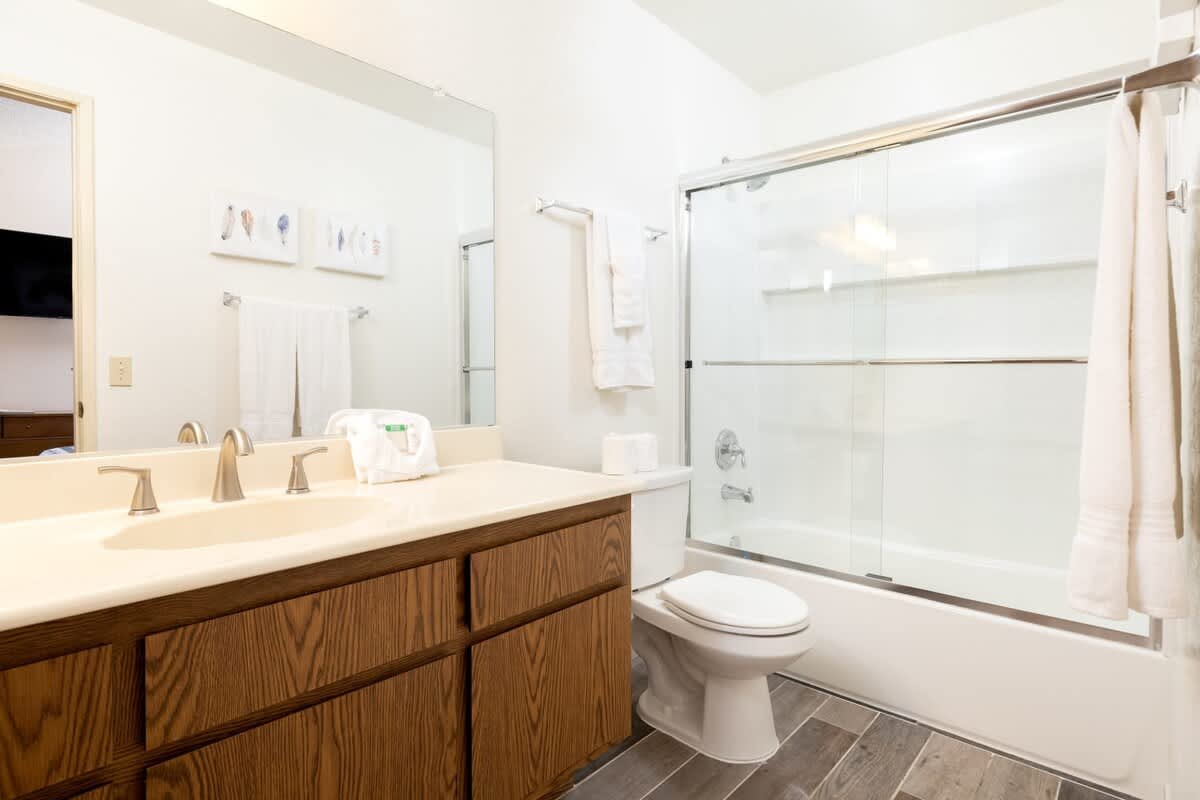 Sparkling Clean Master Bathroom . Towels  provided.