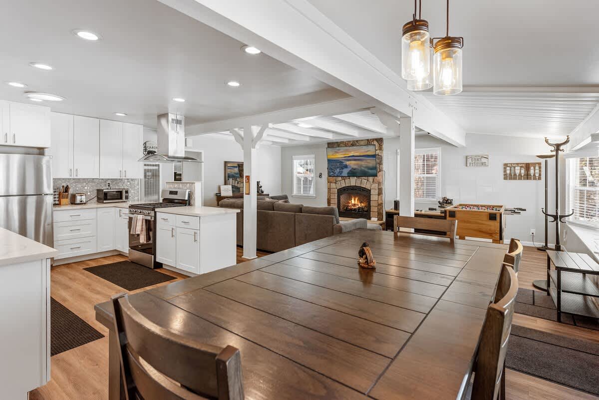 Open dining area with view of the fireplace