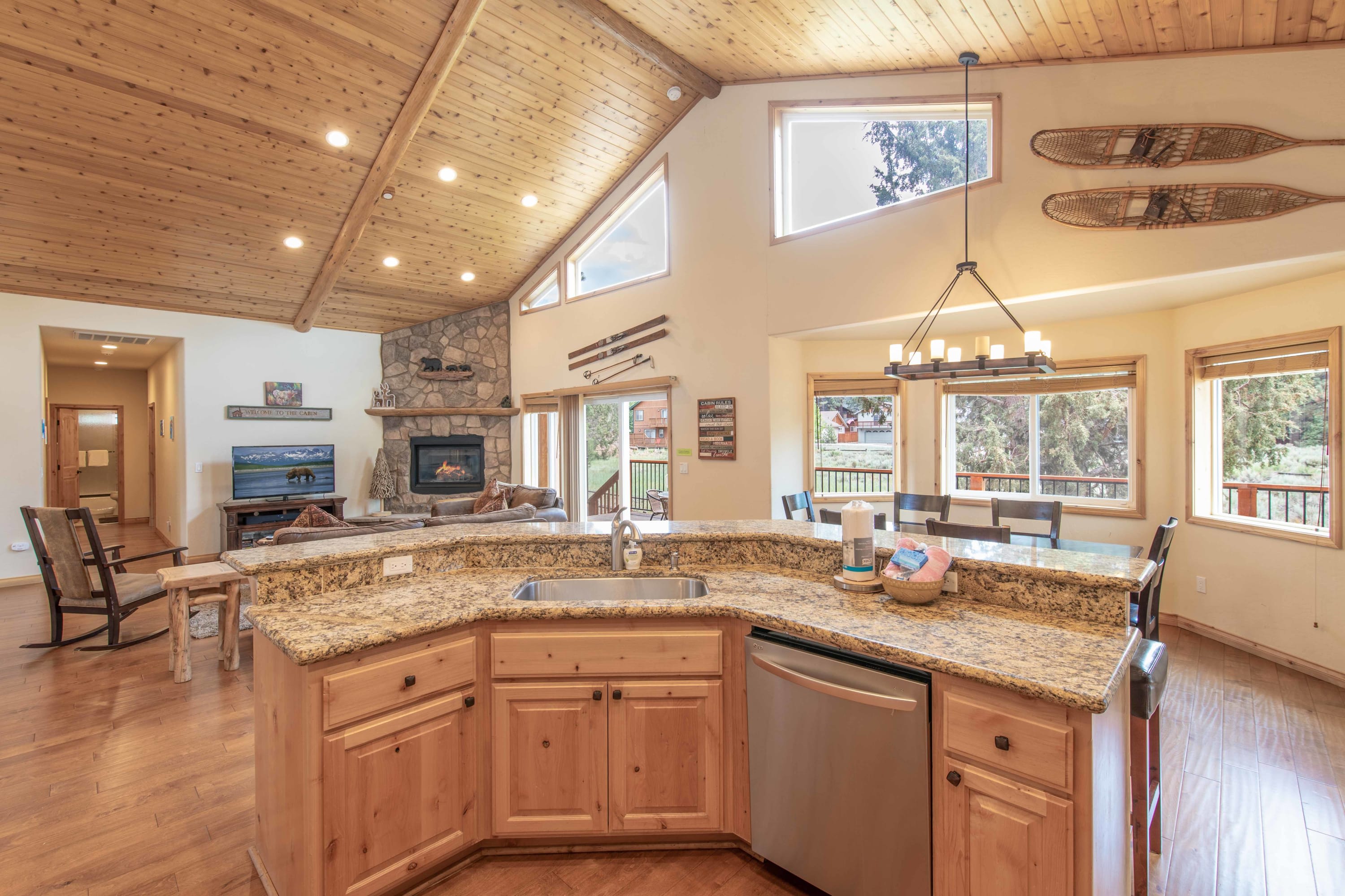 Kitchen island looking toward the fireplace and dining area
