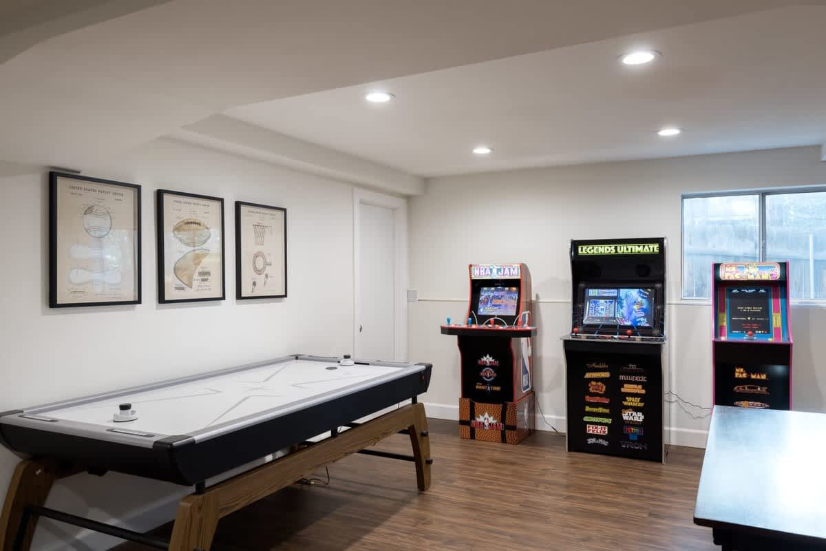 Game Room with arcade, air hockey, pool table, ping pong,TV
