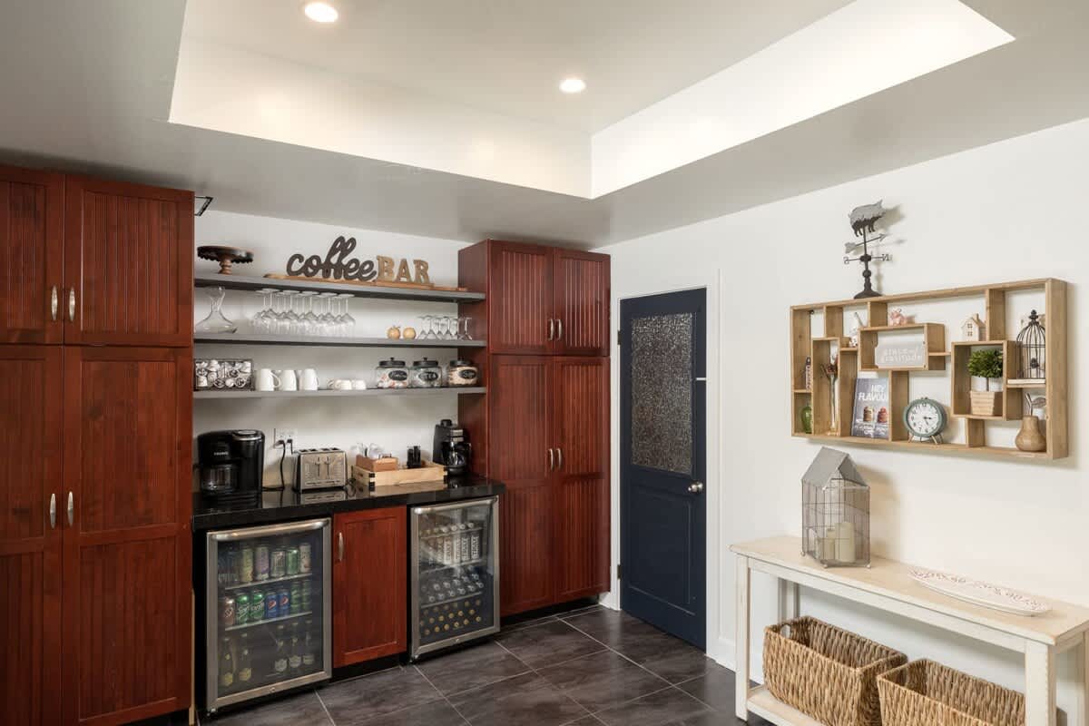 Coffee bar and beverage coolers.