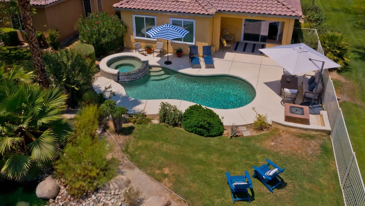 Aerial view of your private pool, spa, fire pit and lawn.