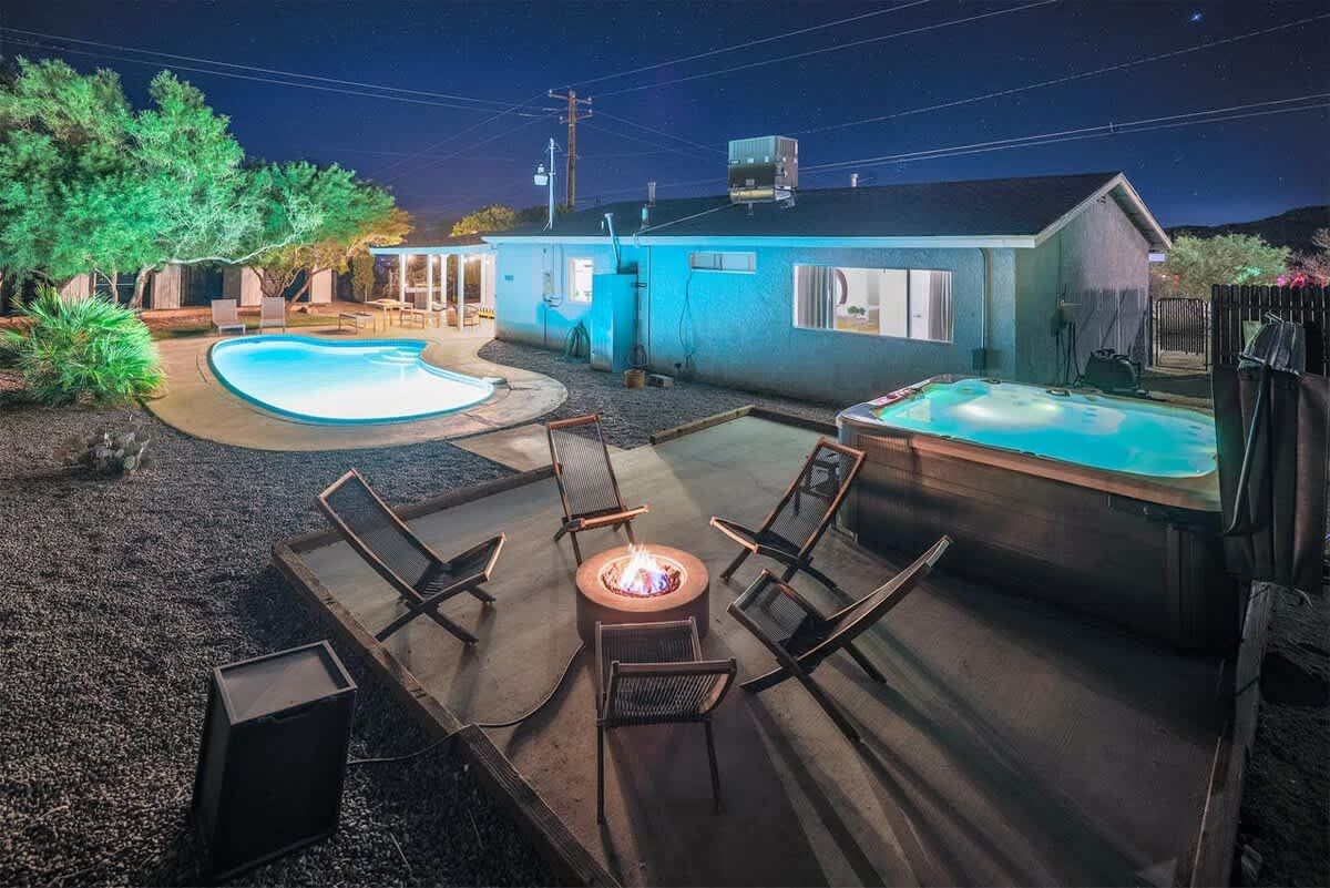 Night swim: private pool, hot tub and gas fire pit under the desert stars.