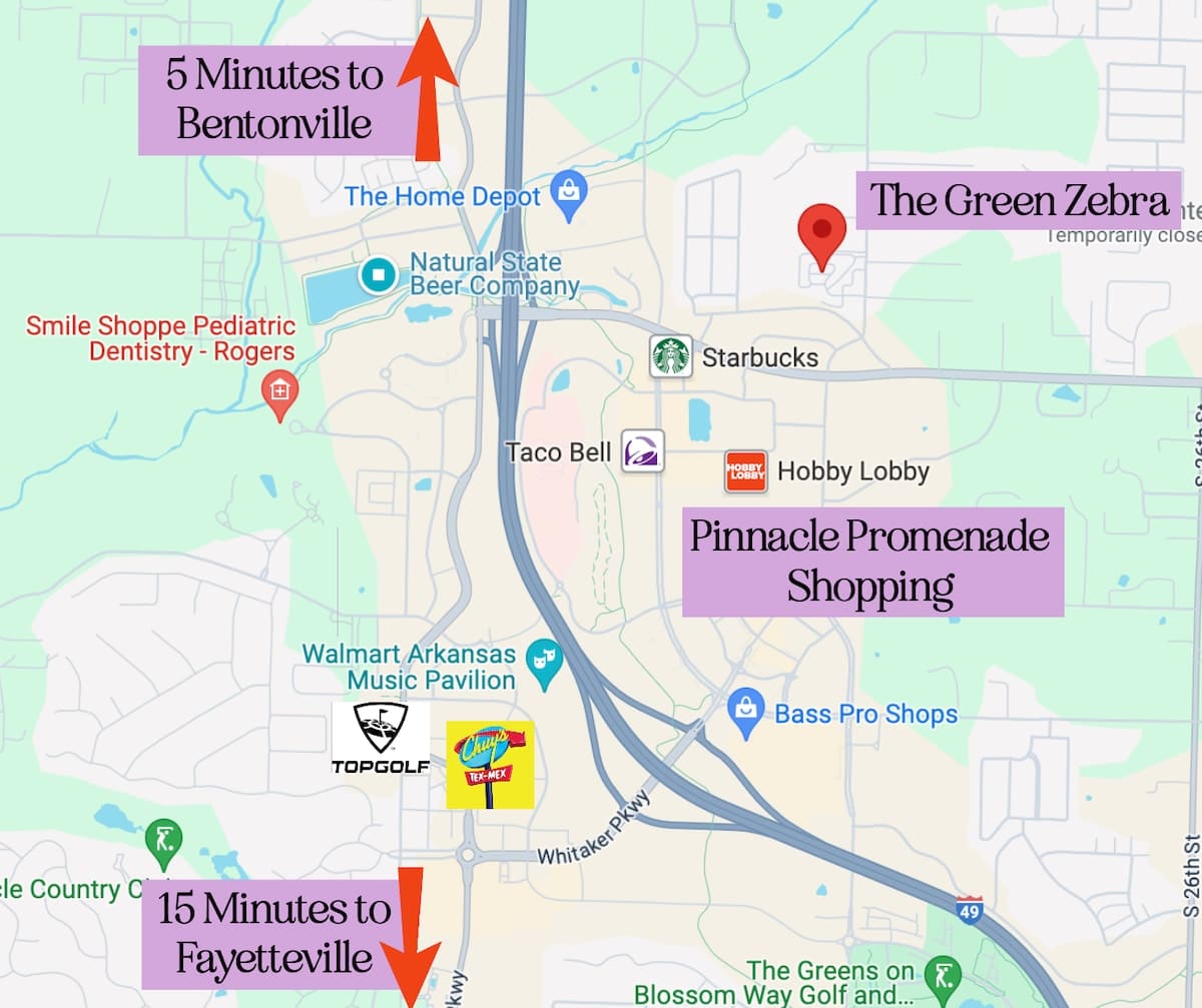 The Green Zebra-1 mi to Promenade-2 mi to Amp