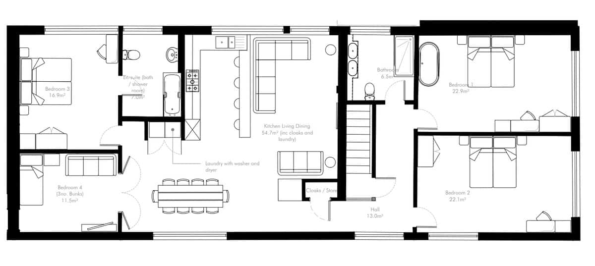 Detailed floor plan of Cedar House showcasing its spacious layout, including multiple bedrooms, bathrooms, a large open-plan kitchen, living, & dining area, & convenient amenities. Perfect for families or groups seeking a comfortable & stylish stay