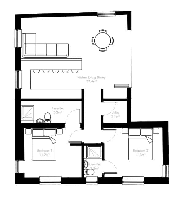 Floor plan of Cedar Lodge featuring two cozy bedrooms with en-suite bathrooms, a modern open-plan kitchen, living, and dining area, and a utility room. A compact yet spacious layout designed for a comfortable and stylish retreat