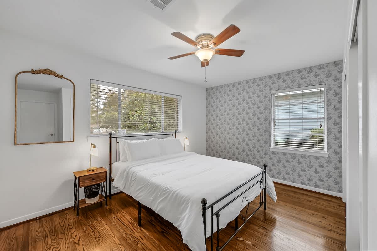 Bright bedroom with patterned wall