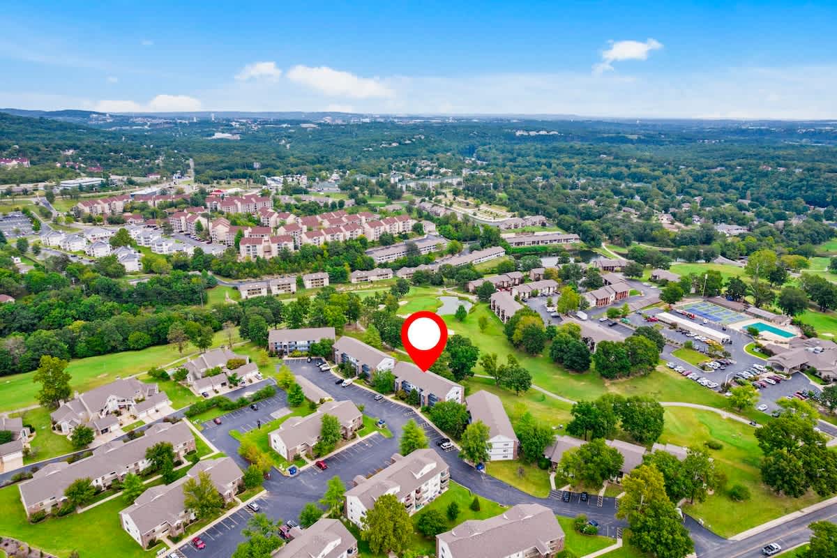 Ariel view of resort with location 5 minute walk to outdoor and indoor pool