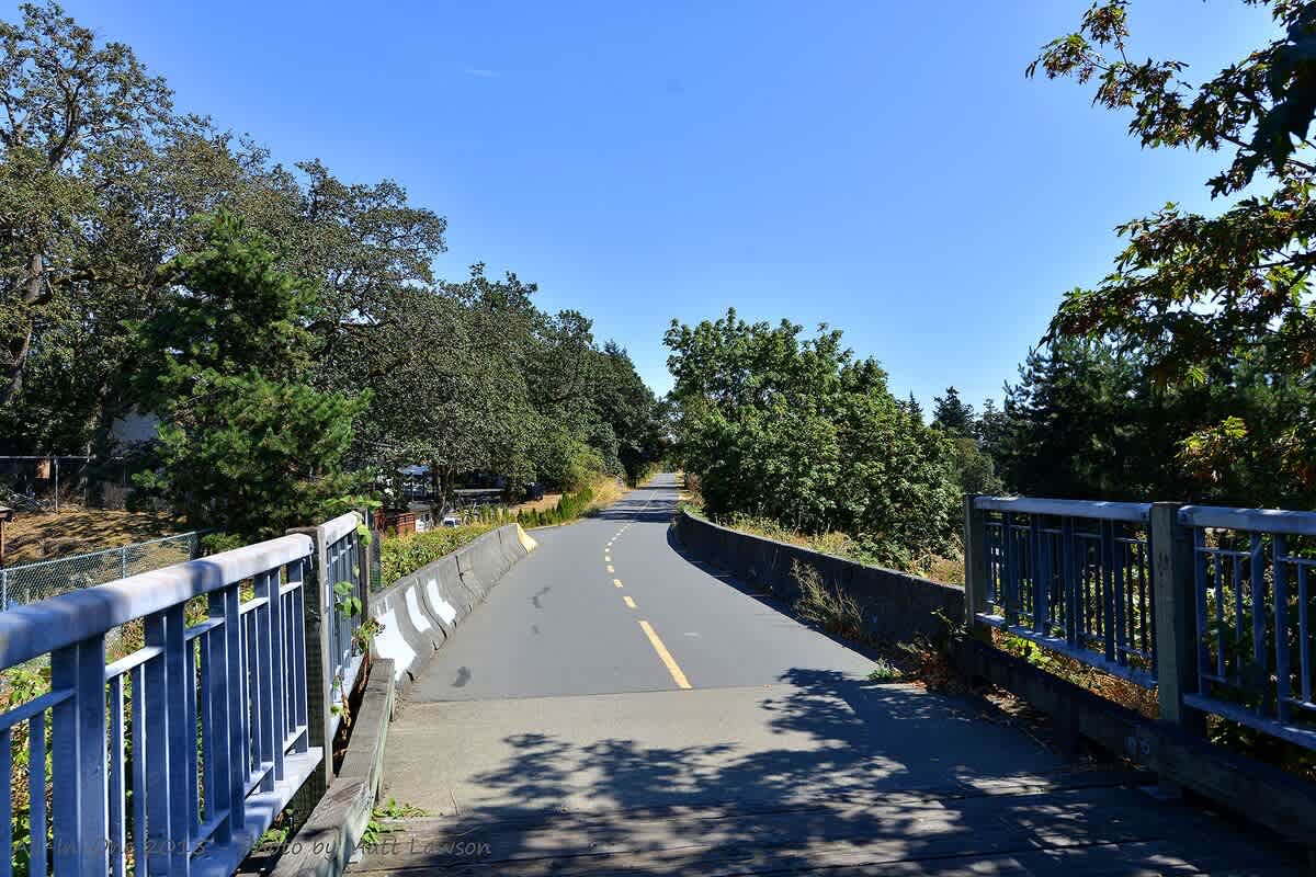 The Galloping Goose Trail is paved from Downtown Victoria and gravel from the Westshore through to Sooke. 