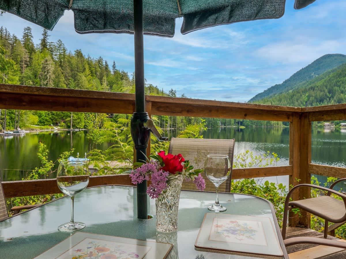 Outdoor dining space on your own private deck overlooking the lake. 