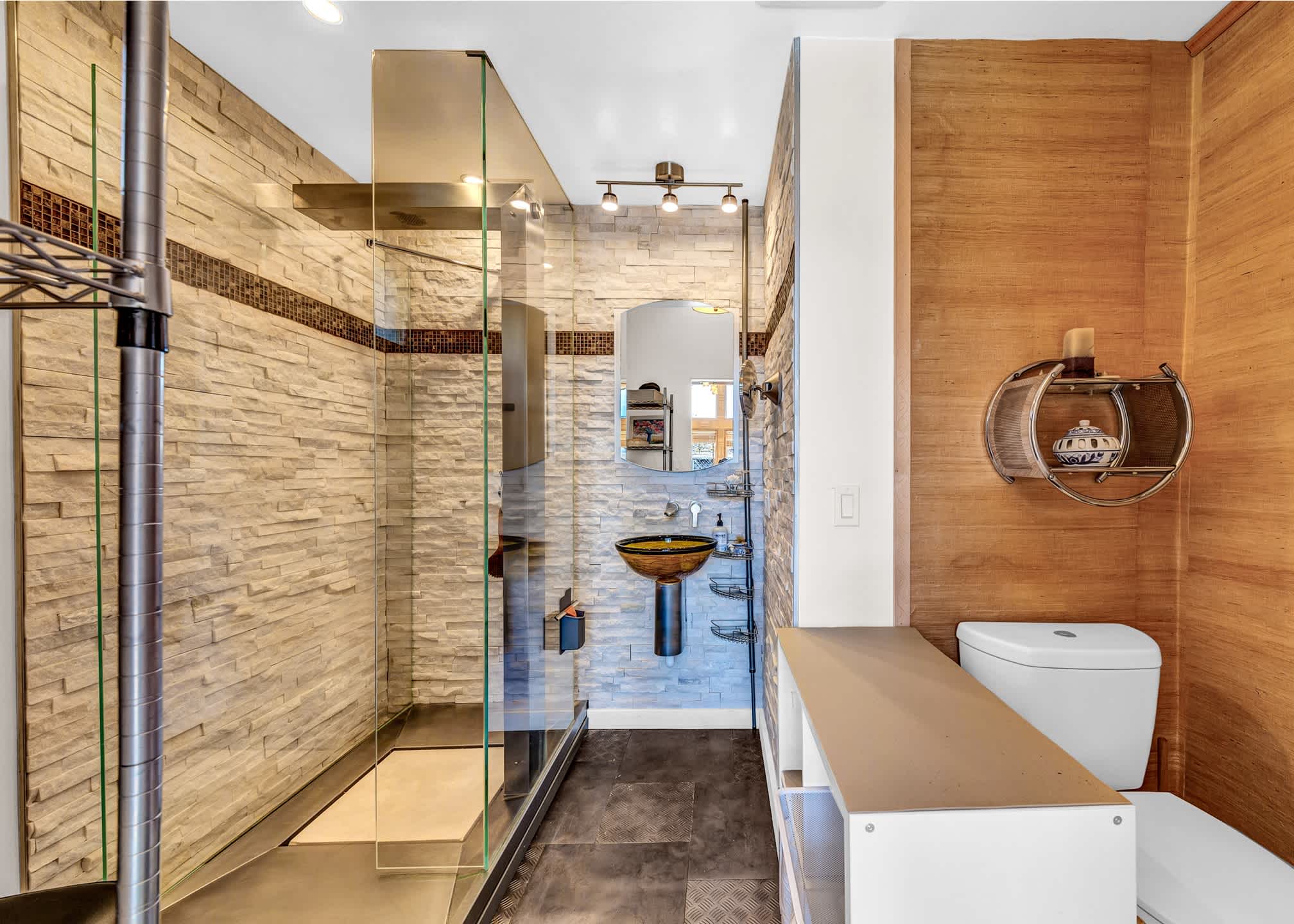 Step into luxury with a sleek modern bathroom and walk-in shower