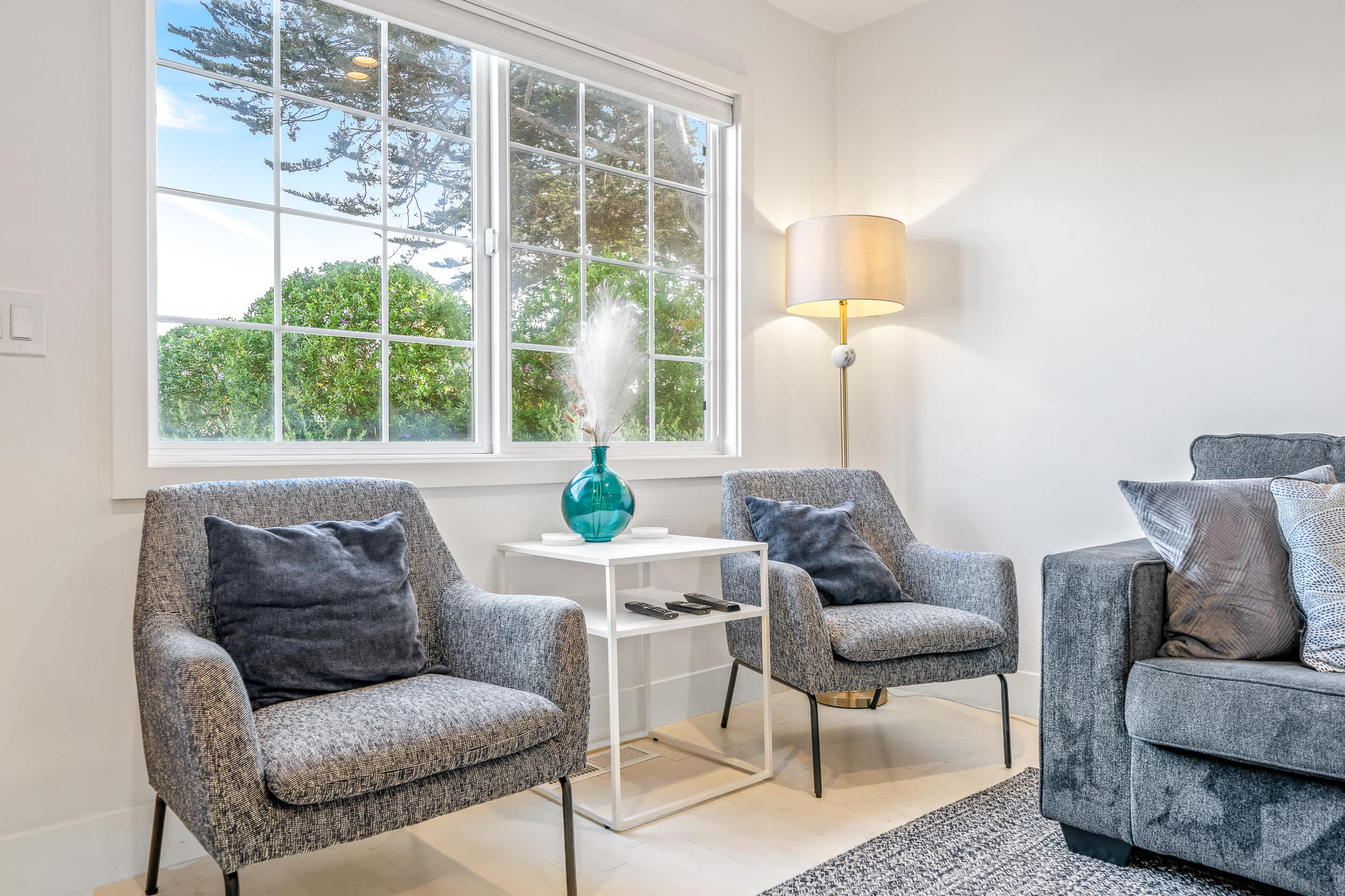 Curl up in the living room & enjoy a movie night by the gas fireplace