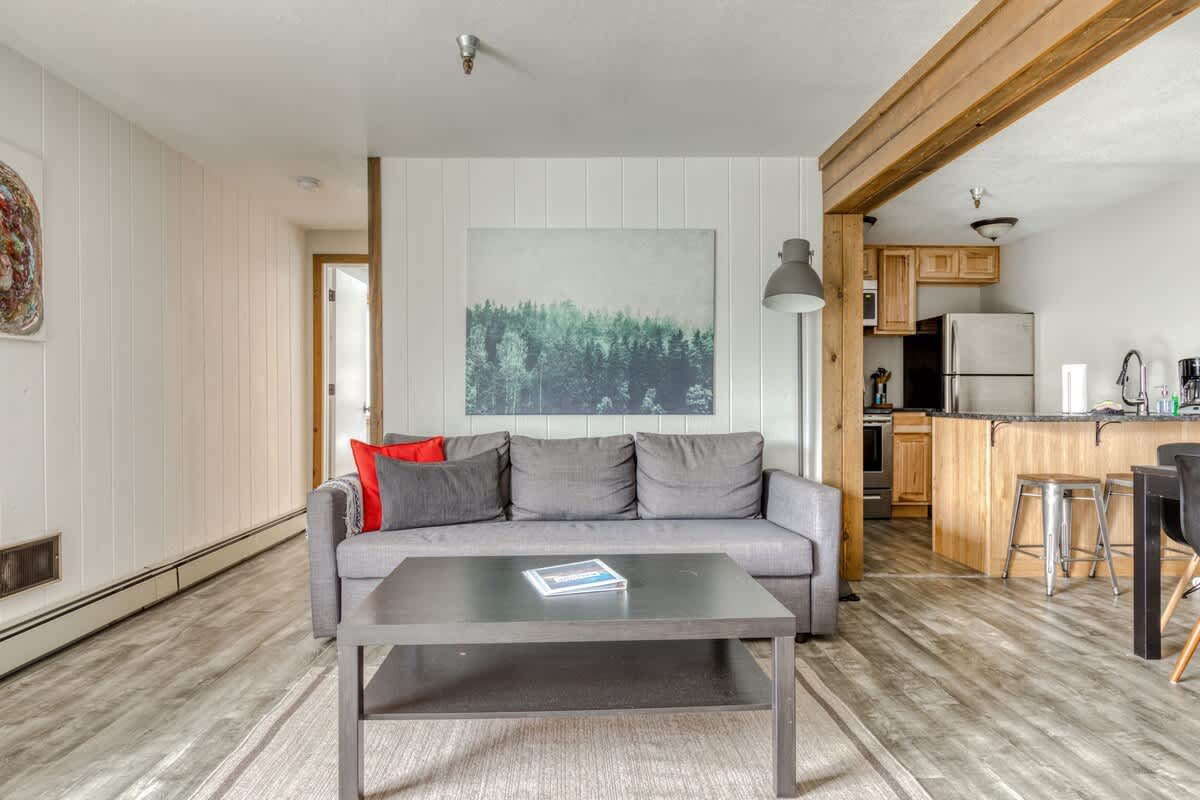 View of the living room showcasing a gray sofa with red and gray throw pillows, a dark coffee table, and a large nature-themed artwork on the white paneled wall. The space features light wood-look flooring and a modern floor lamp.