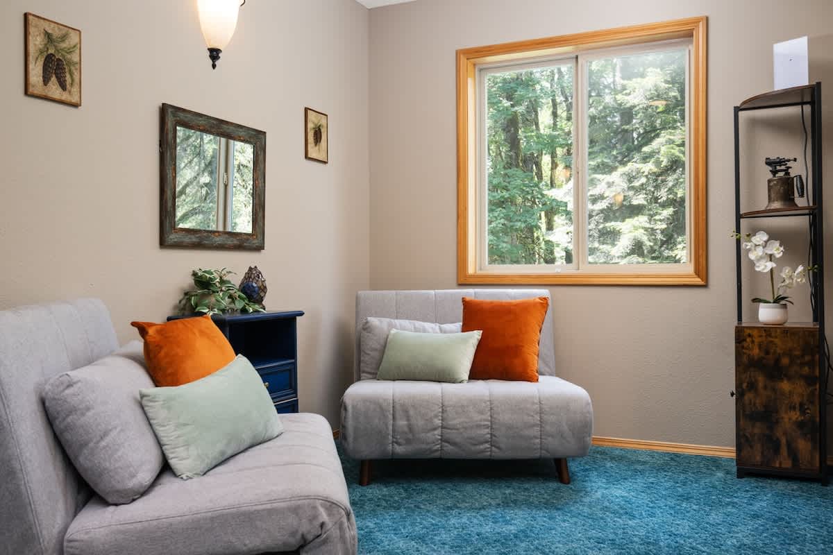 A cozy game room or sitting area with two light grey upholstered chairs, adorned with orange and light green throw pillows. A large wooden-framed window provides a view of dense trees, and the room has teal carpet. A small shelf unit is visible.