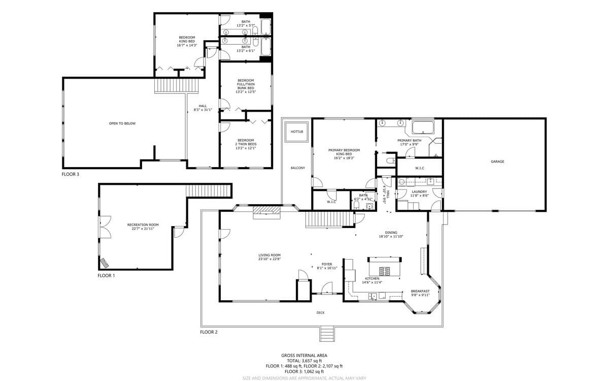 A detailed floor plan illustrates the layout of a multi-level house, showing various rooms including bedrooms, bathrooms, living areas, a recreation room, and a garage, with dimensions and labels.