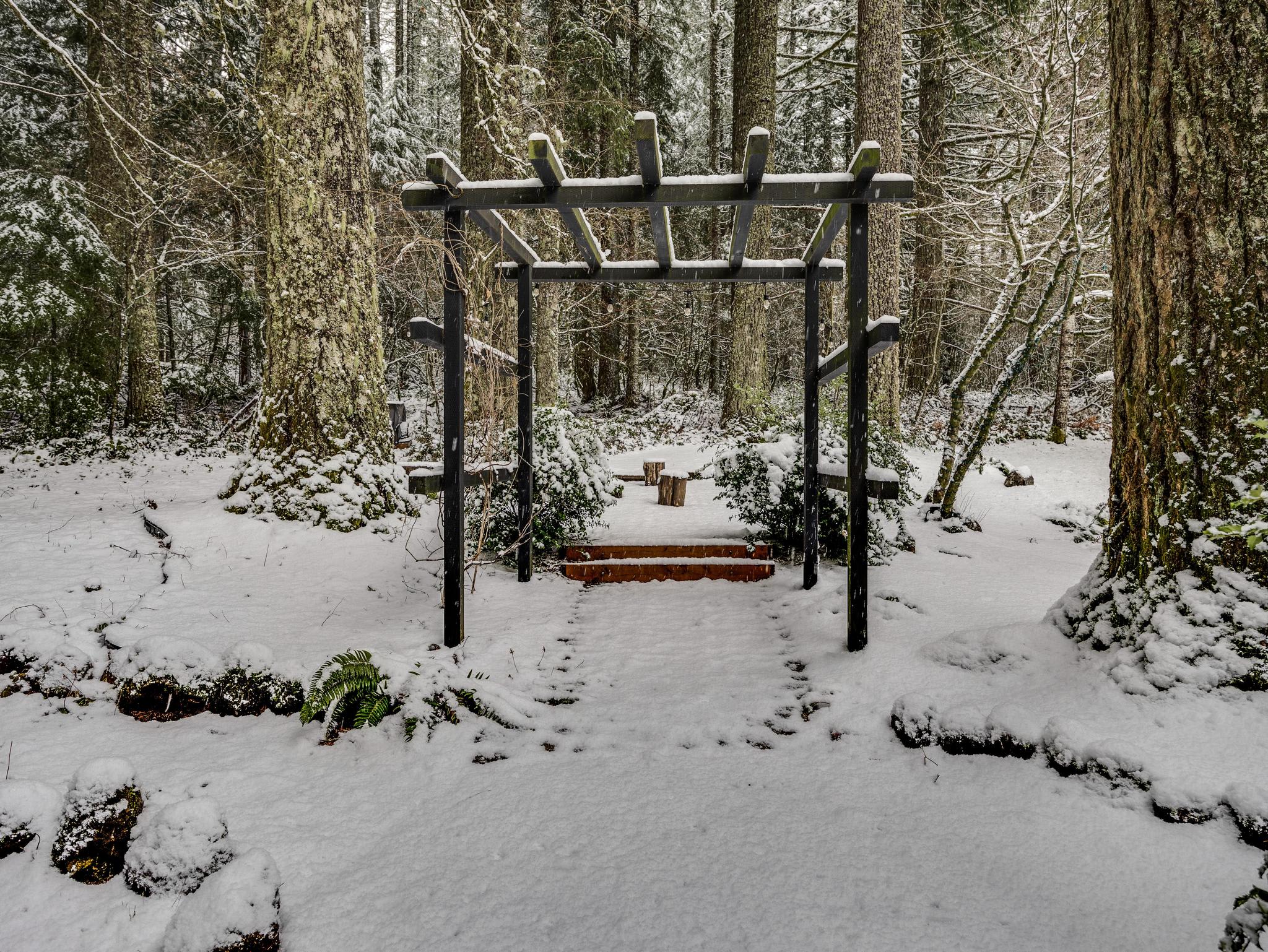 A serene, snow-covered garden path leads through a dark wooden pergola towards brick steps and tree stump seating, nestled within a dense, snow-dusted forest. The scene features winter foliage and tall evergreen trees.