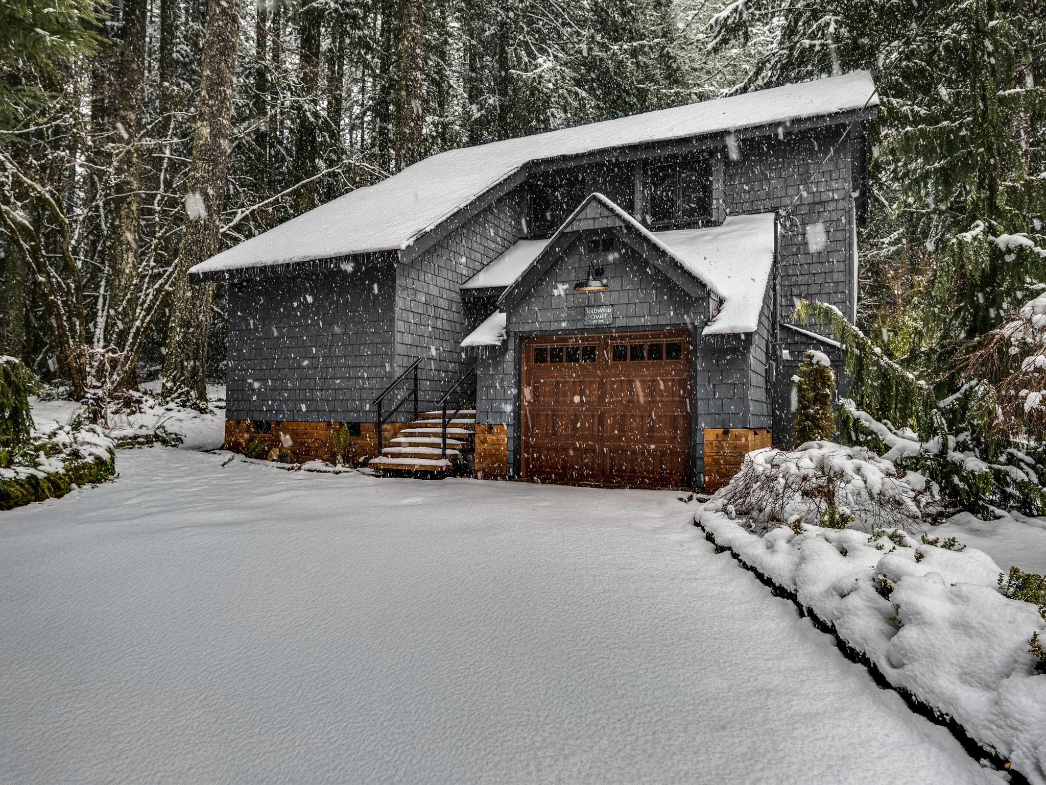 Front exterior of a dark-sided house with a snow-covered roof and driveway, featuring a rustic wooden garage door and a covered entrance with steps, set against a snowy forest backdrop.