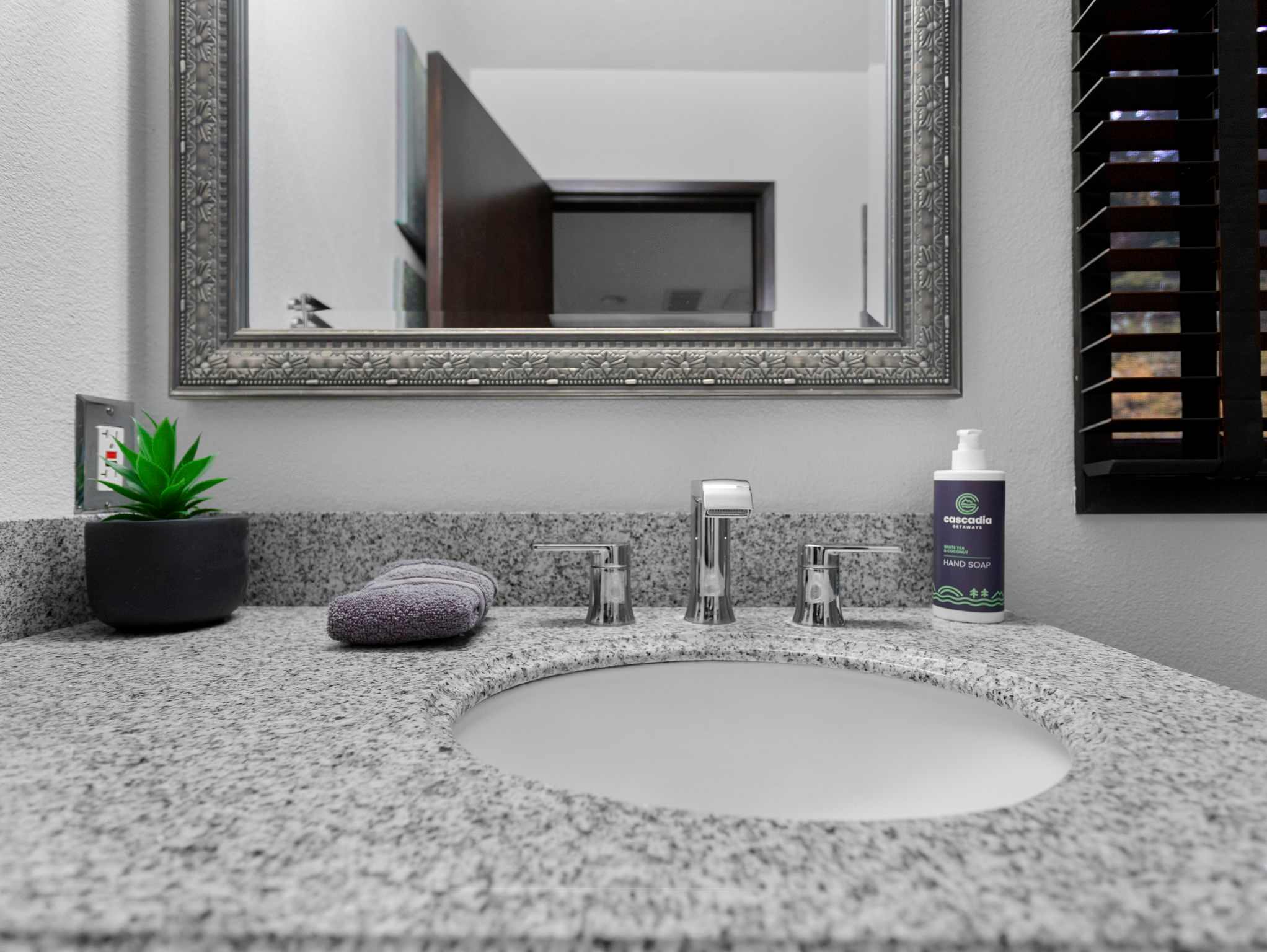 Close-up of a modern bathroom vanity with a gray granite countertop, an oval undermount sink, and a decorative silver-framed mirror reflecting a doorway. A small green plant and hand soap are on the counter.