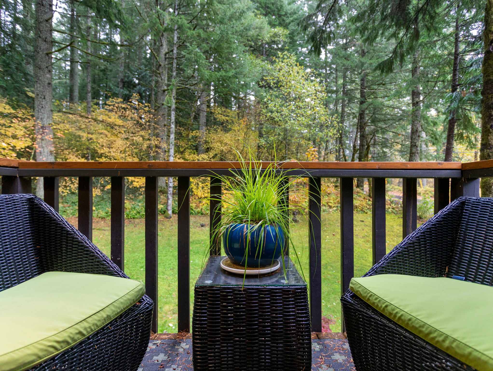 Cozy outdoor balcony with two black wicker chairs featuring light green cushions, flanking a small matching side table with a potted green plant. The railing overlooks a lush green forest with autumn foliage.