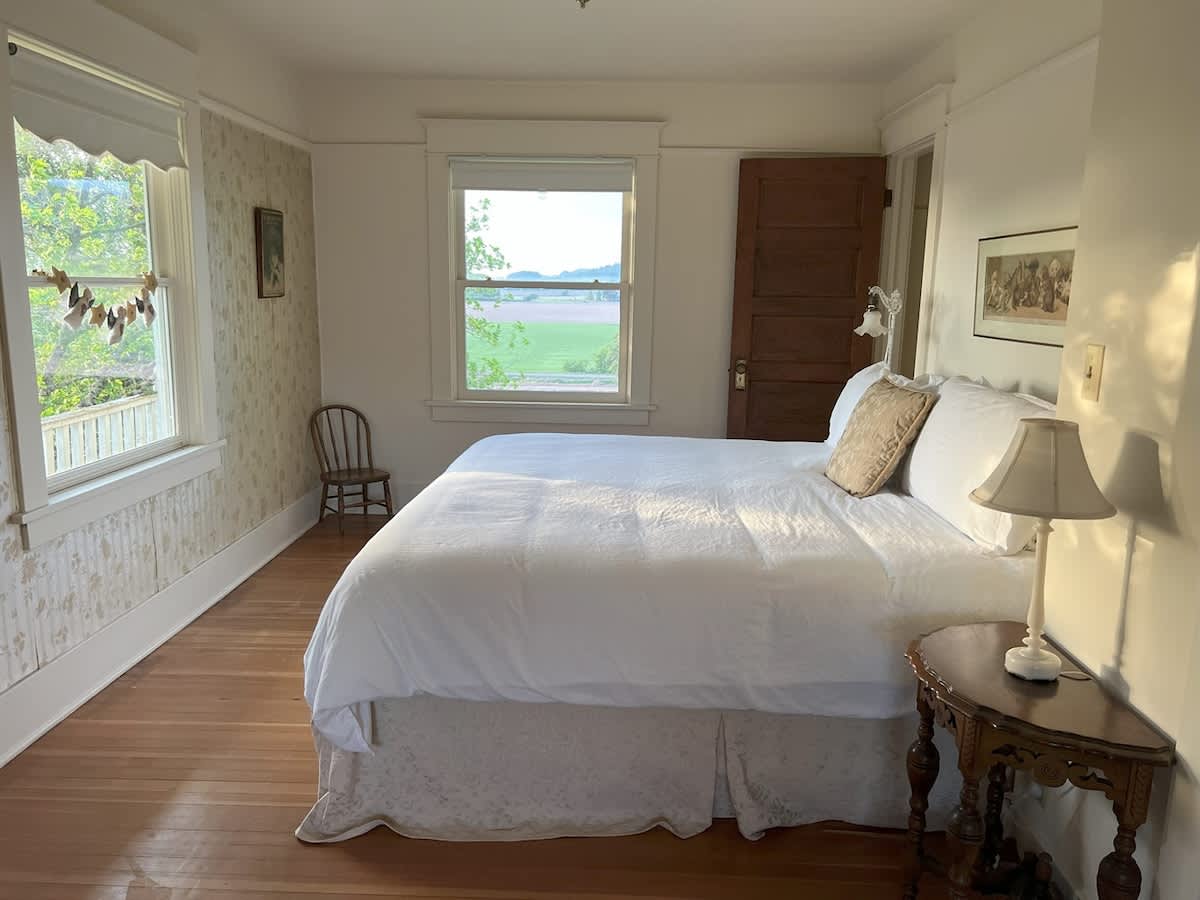 Bright bedroom with white bedding on a bed with a bed skirt, hardwood floors, and two windows offering views of green fields and distant hills. A small wooden chair and a bedside table with a lamp are visible.