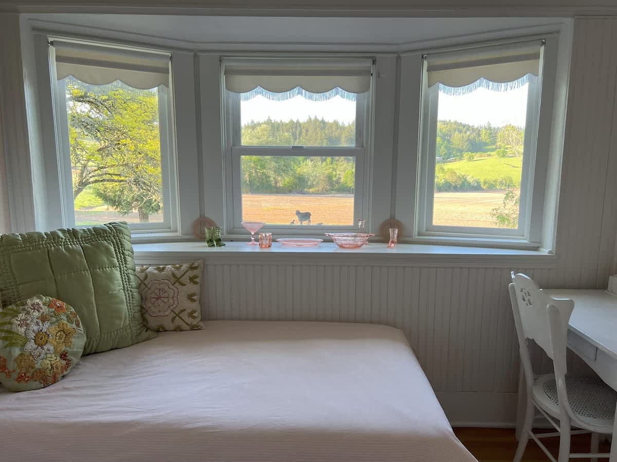 Bright room with a daybed adorned with green and floral pillows, positioned under a bay window with three large windows. The windows offer a view of trees and a distant field, and a white desk and chair are visible.