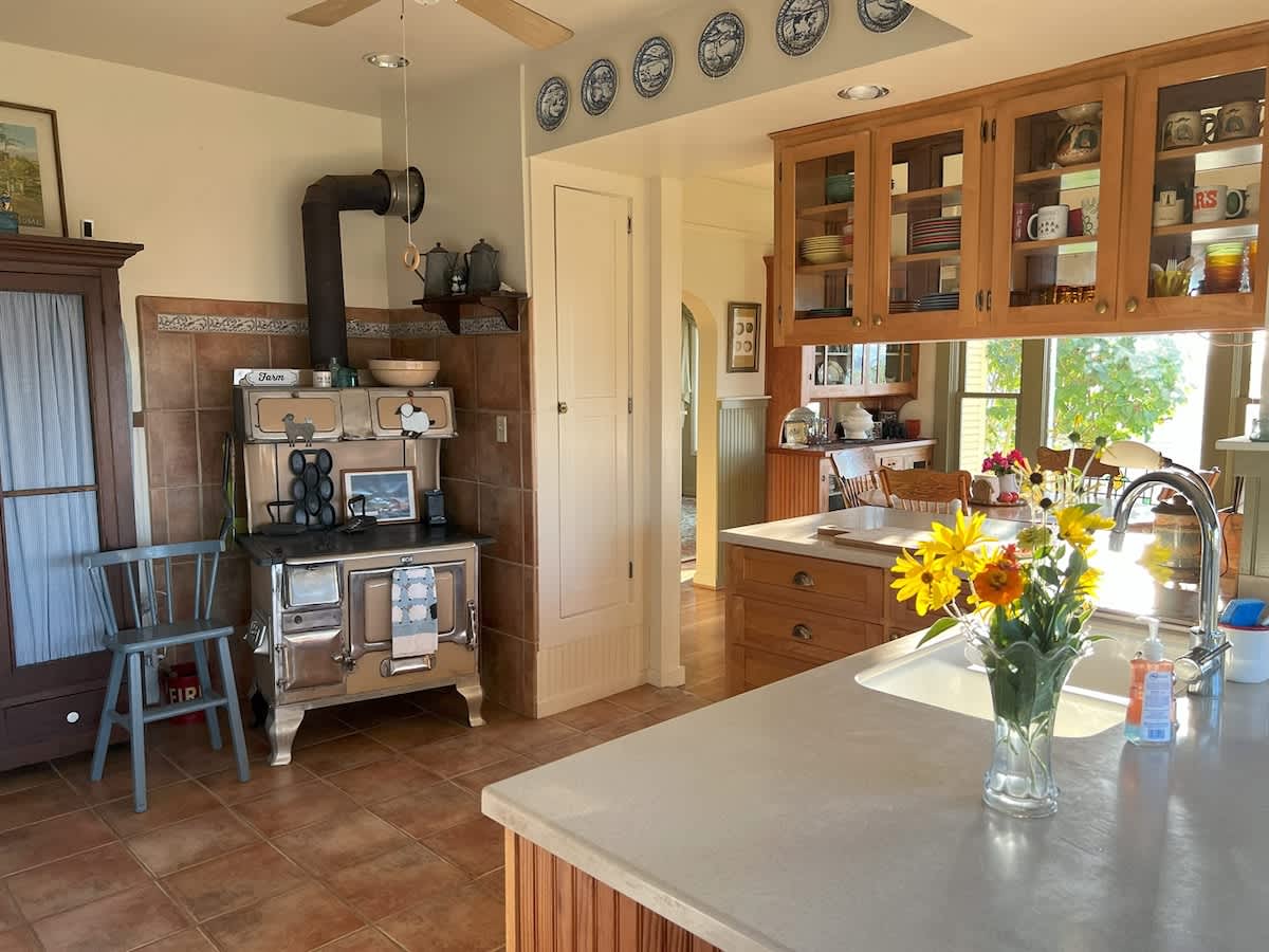 Rustic kitchen featuring a vintage-style wood-burning stove with a metal flue, light wood cabinetry, and a central island with a sink. Terracotta tile flooring and decorative plates on the wall add to the country charm.