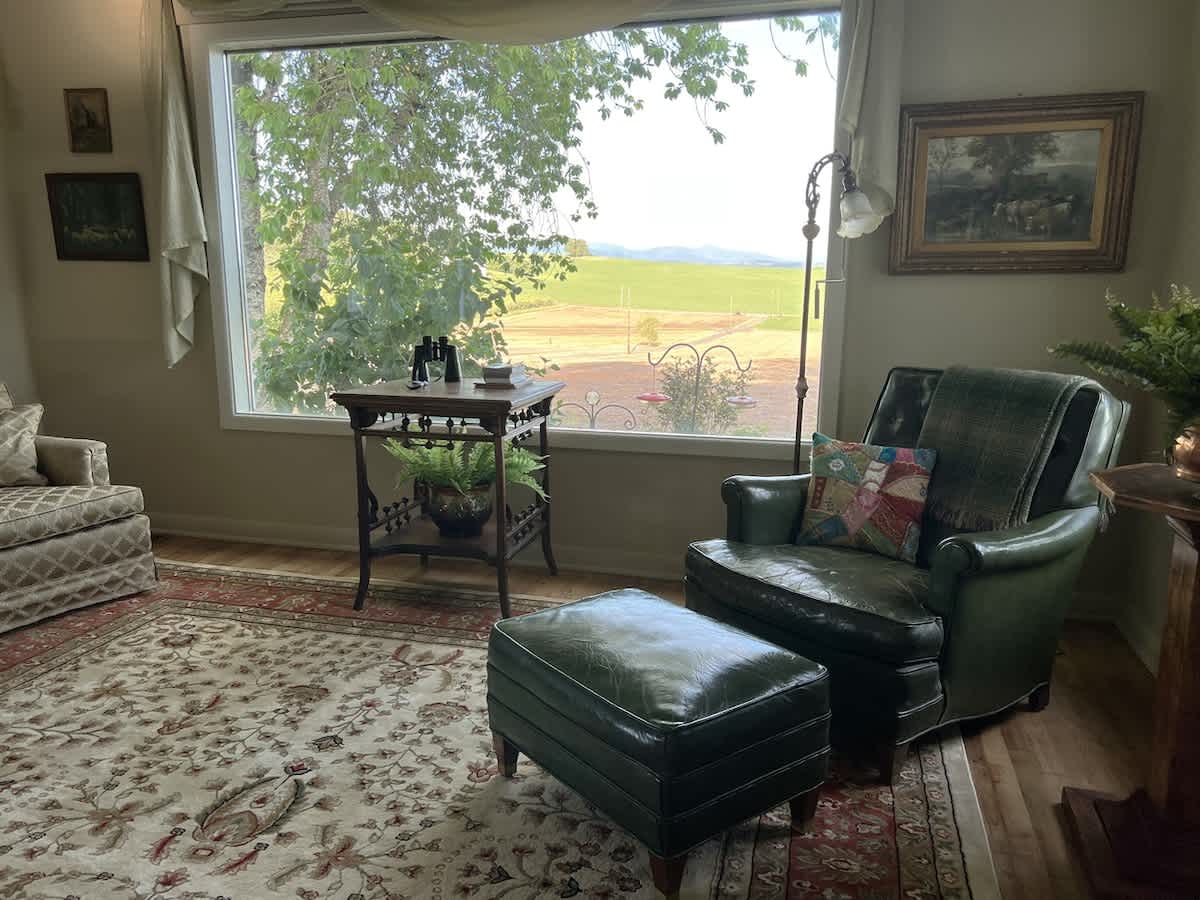 Inviting living room corner with a dark green leather armchair and ottoman, positioned by a large window overlooking a lush green landscape and distant fields.