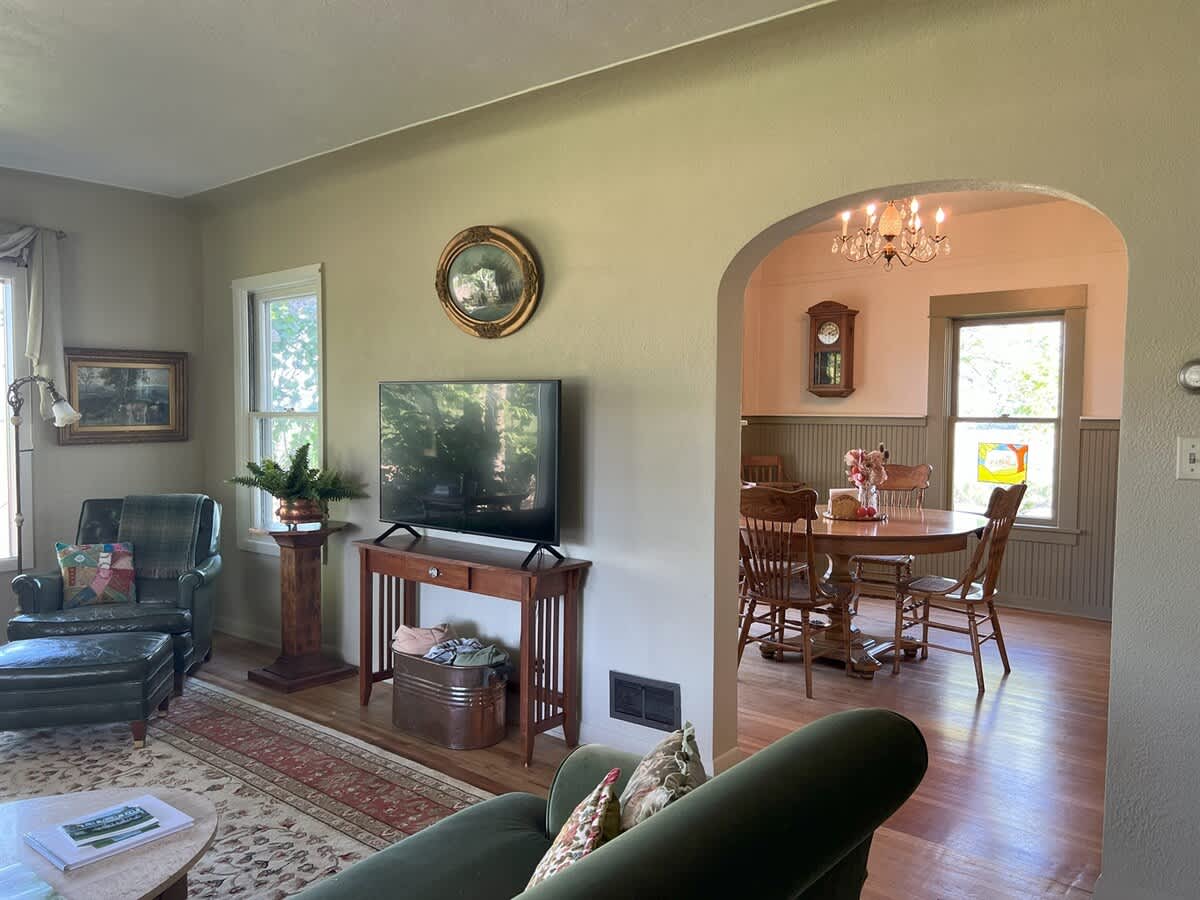 Comfortable living room featuring a flat-screen TV on a wooden console, a dark green armchair, and a patterned area rug, with an arched opening leading into the dining area.