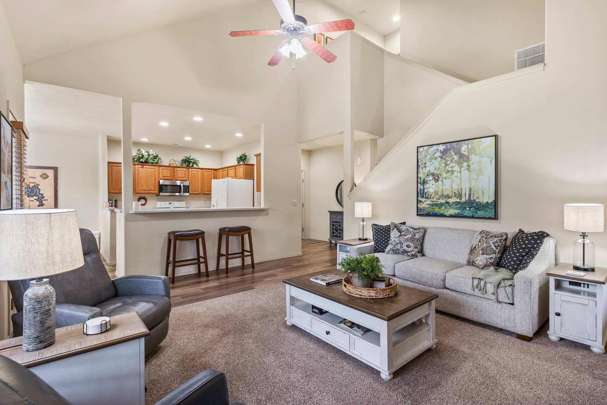 Living, dining, and kitchen area