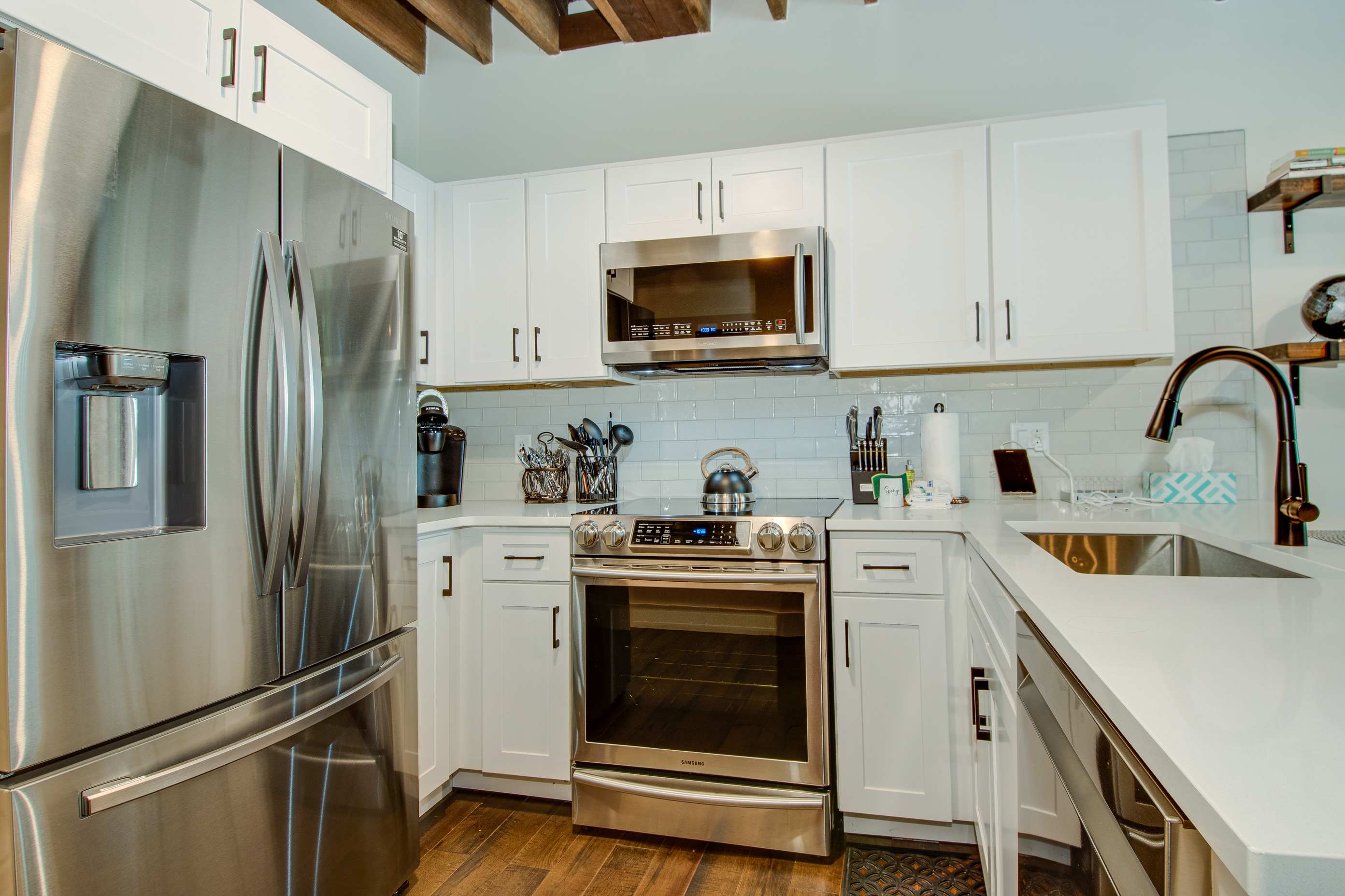 Kitchen with toaster, Keurig, kettle, blender and more